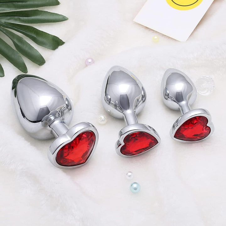 3 Pcs Luxury Jewelry Design Anal Butt Plug (Red/Heard Shape) - Delightor